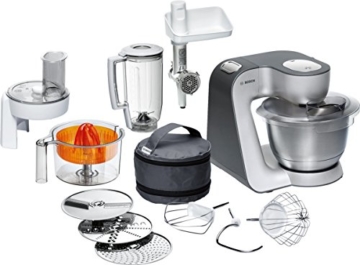 Bosch MUM56340 Küchenmaschine Styline MUM5 (900 Watt, Edelstahl-Rührschüssel, Durchlaufschnitzler, Rühr-Schlagbesen und weiteres Zubehör) silber -